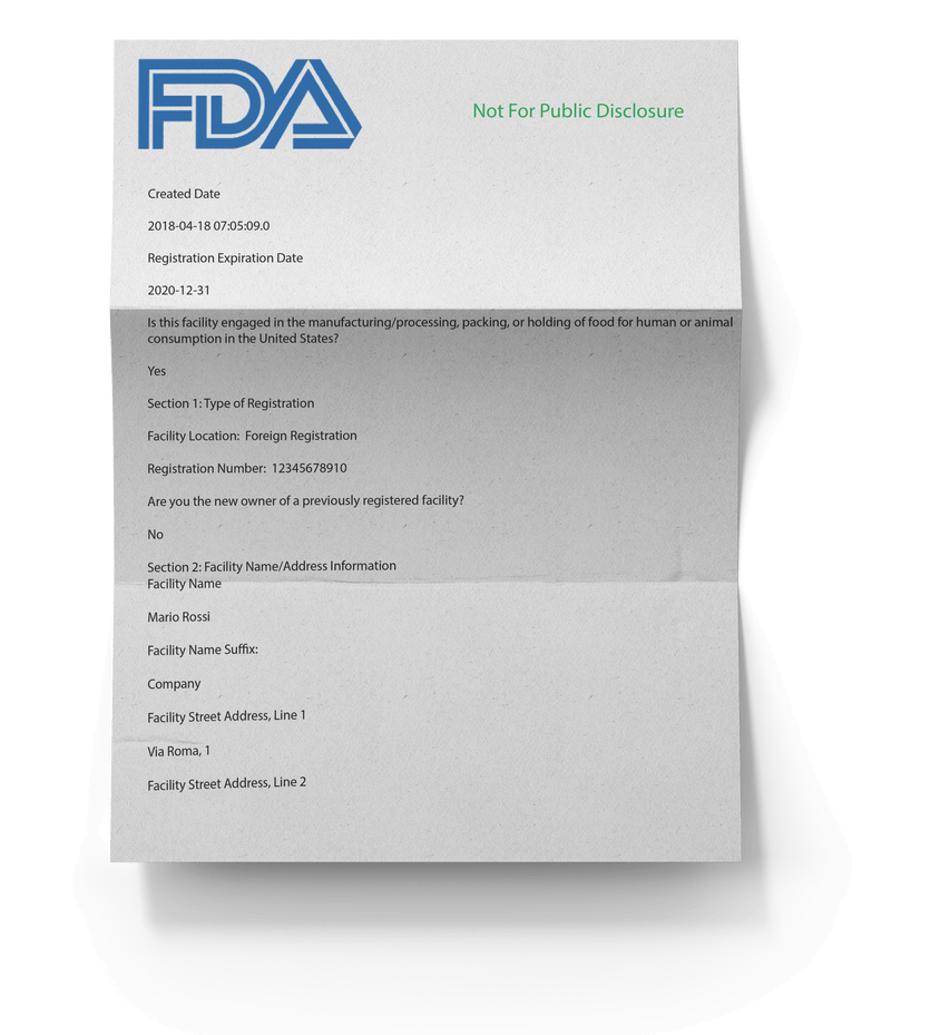 Certificato di registrazione FDA con US Agent per gli Stati Uniti